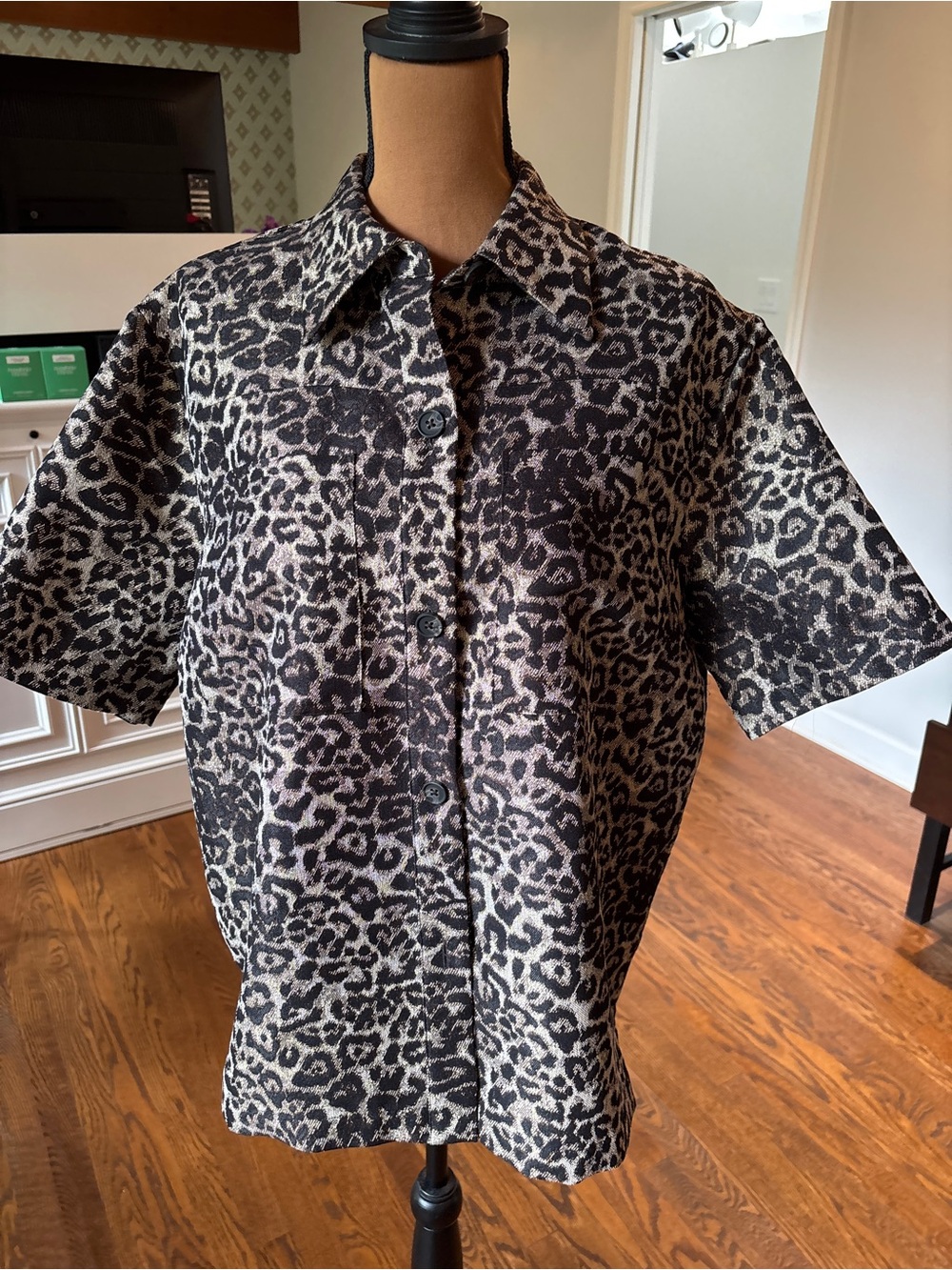 AllSaints Short-Sleeve Button-Down Leopard Print Shirt - Black & Gold